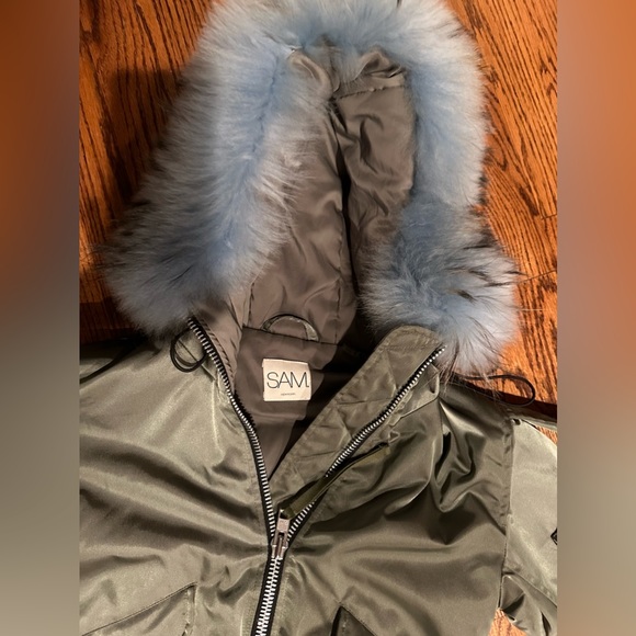 SAM jacket green bomber size XS with blue faux fur hood - Picture 2 of 4
